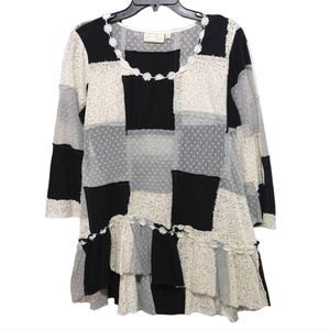 Paper Lace Patchy Boho Sheer Long Sleeve Tunic Top Women's Size Medium M